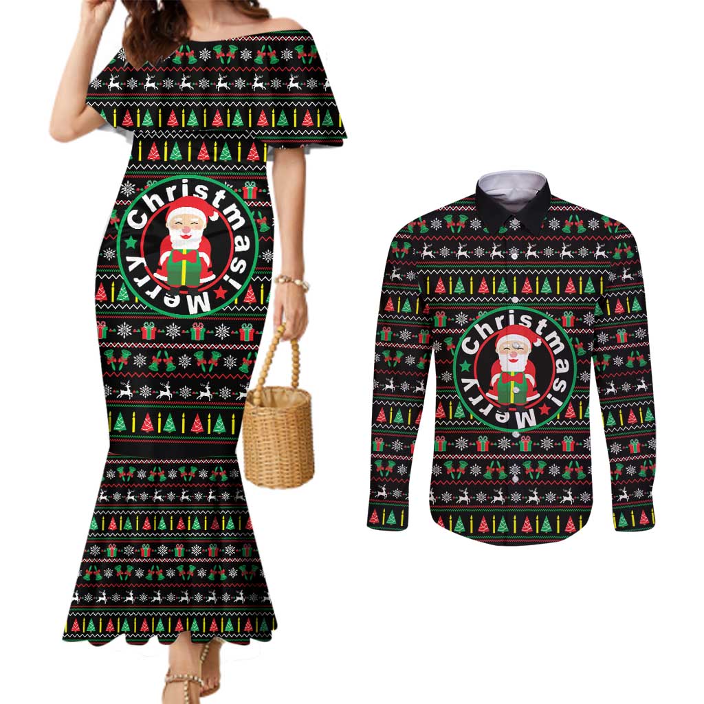 Gift For Merry Christmas Couples Matching Mermaid Dress and Long Sleeve Button Shirt with Santa Claus and Holiday Icons Pattern - Wonder Print Shop