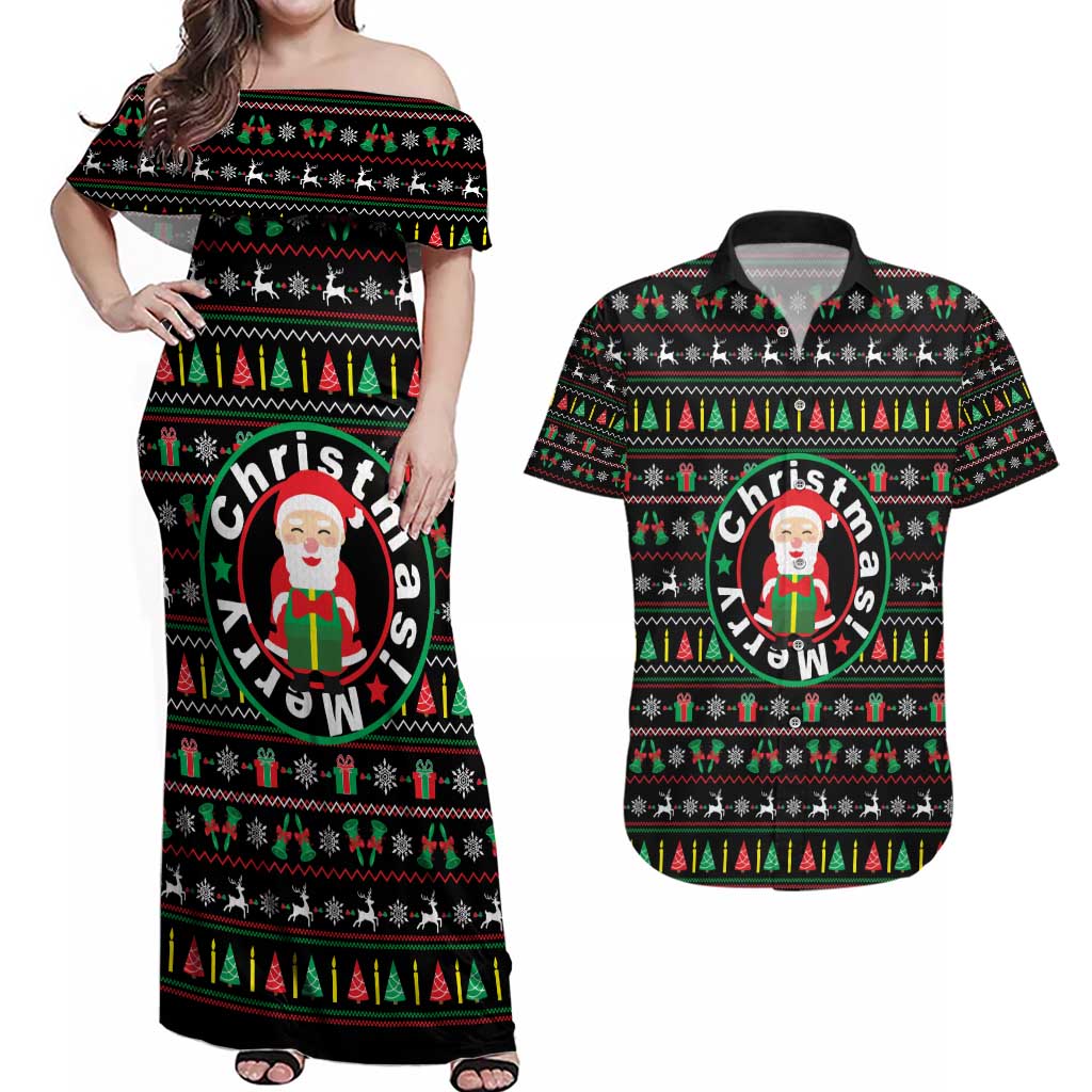 Gift For Merry Christmas Couples Matching Off Shoulder Maxi Dress and Hawaiian Shirt with Santa Claus and Holiday Icons Pattern - Wonder Print Shop