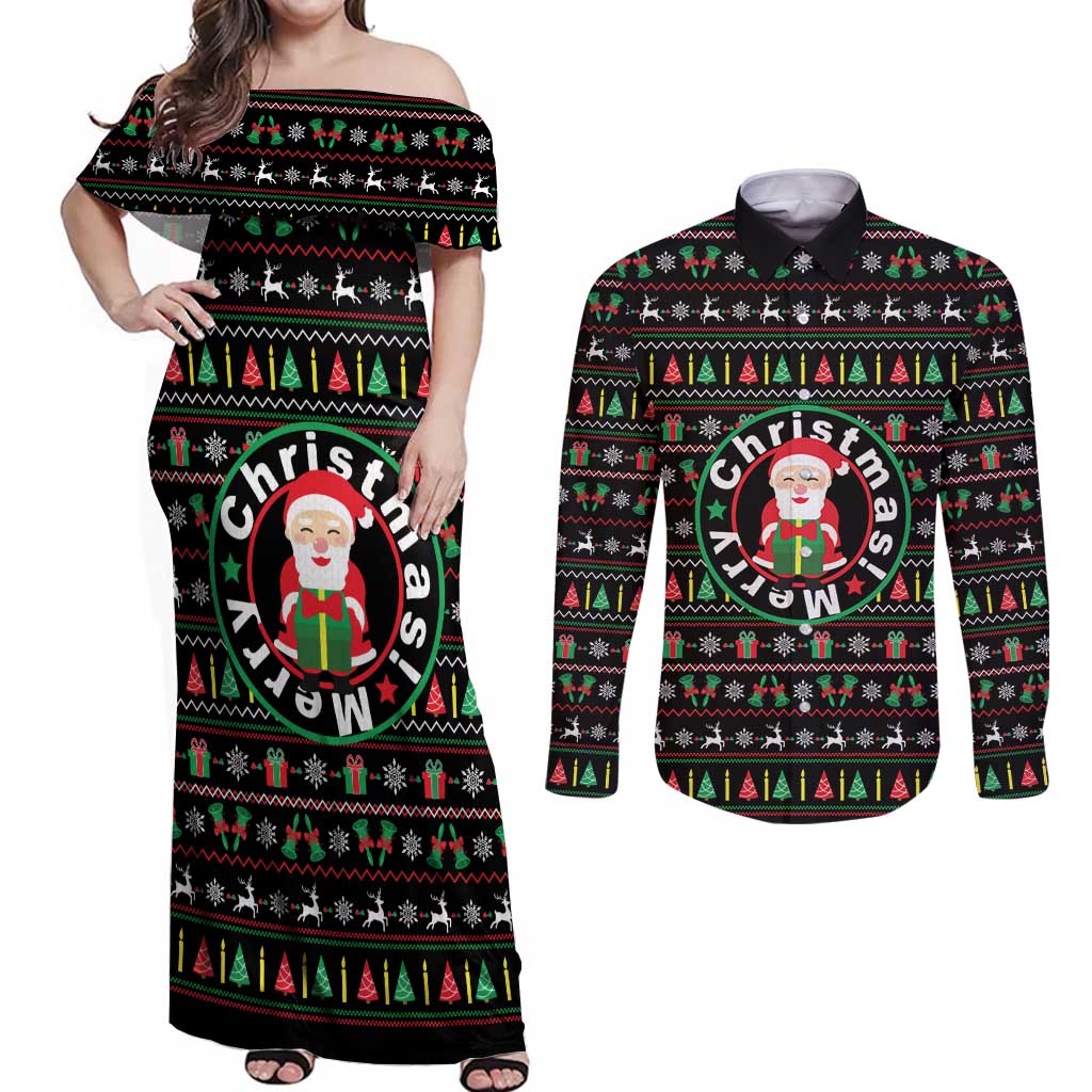 Gift For Merry Christmas Couples Matching Off Shoulder Maxi Dress and Long Sleeve Button Shirt with Santa Claus and Holiday Icons Pattern - Wonder Print Shop