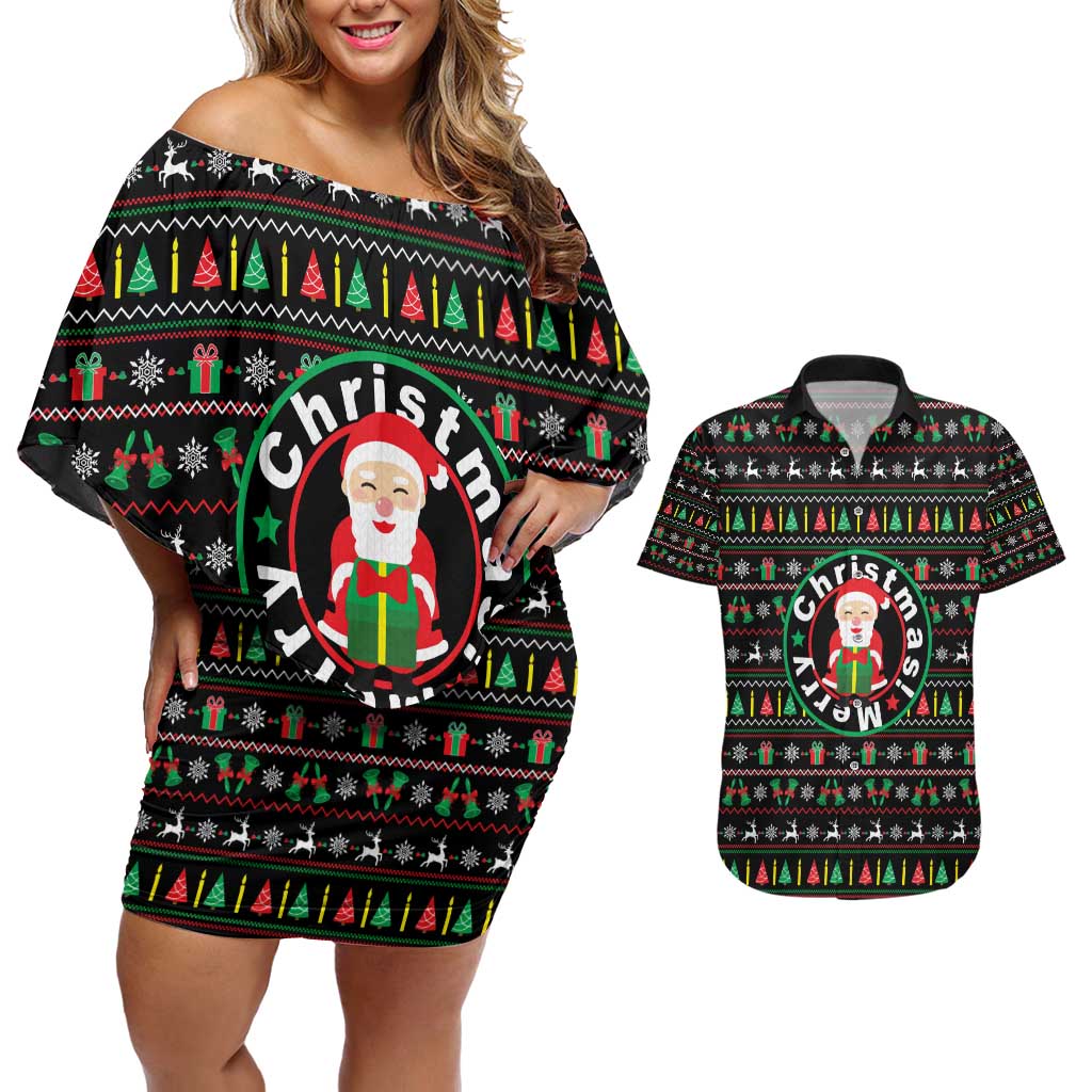Gift For Merry Christmas Couples Matching Off Shoulder Short Dress and Hawaiian Shirt with Santa Claus and Holiday Icons Pattern - Wonder Print Shop