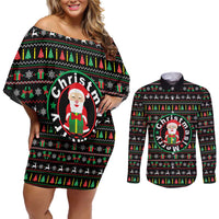 Gift For Merry Christmas Couples Matching Off Shoulder Short Dress and Long Sleeve Button Shirt with Santa Claus and Holiday Icons Pattern - Wonder Print Shop