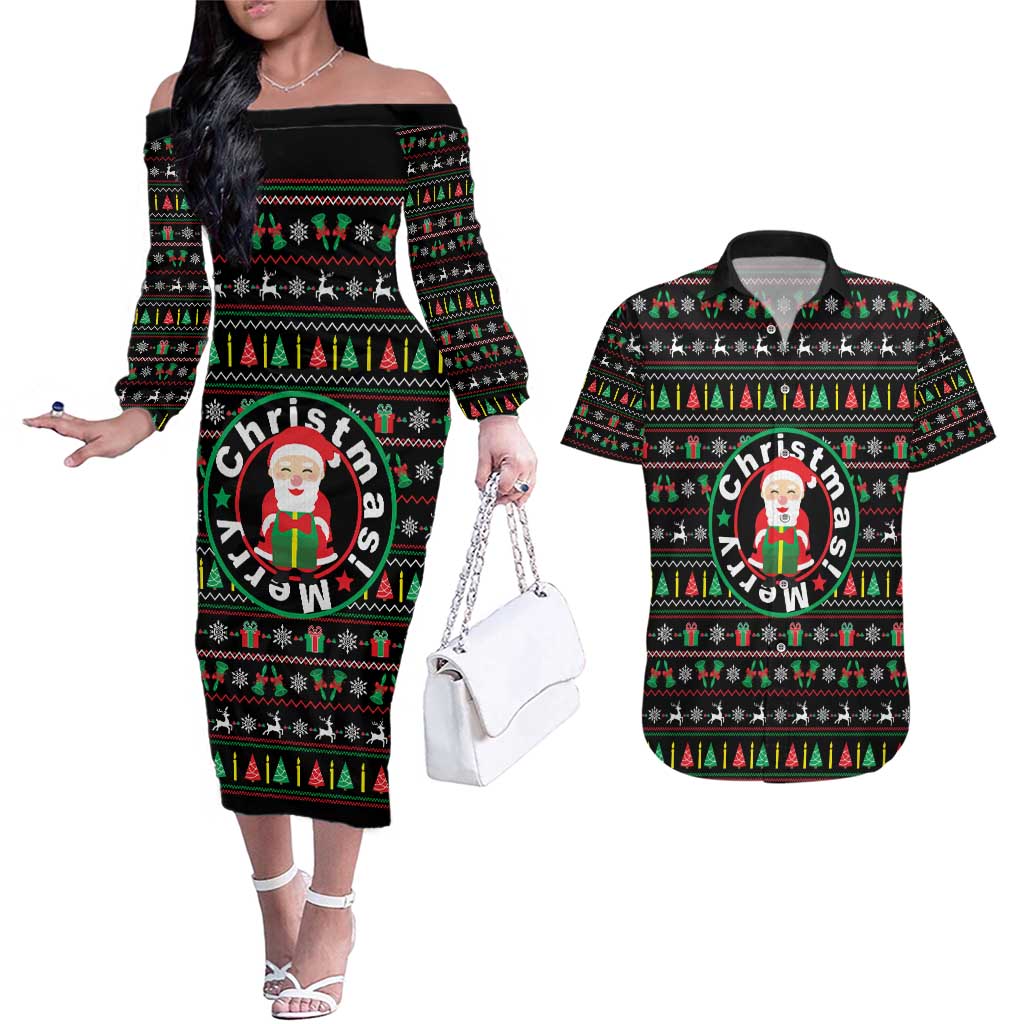 Gift For Merry Christmas Couples Matching Off The Shoulder Long Sleeve Dress and Hawaiian Shirt with Santa Claus and Holiday Icons Pattern - Wonder Print Shop