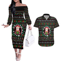 Gift For Merry Christmas Couples Matching Off The Shoulder Long Sleeve Dress and Hawaiian Shirt with Santa Claus and Holiday Icons Pattern - Wonder Print Shop