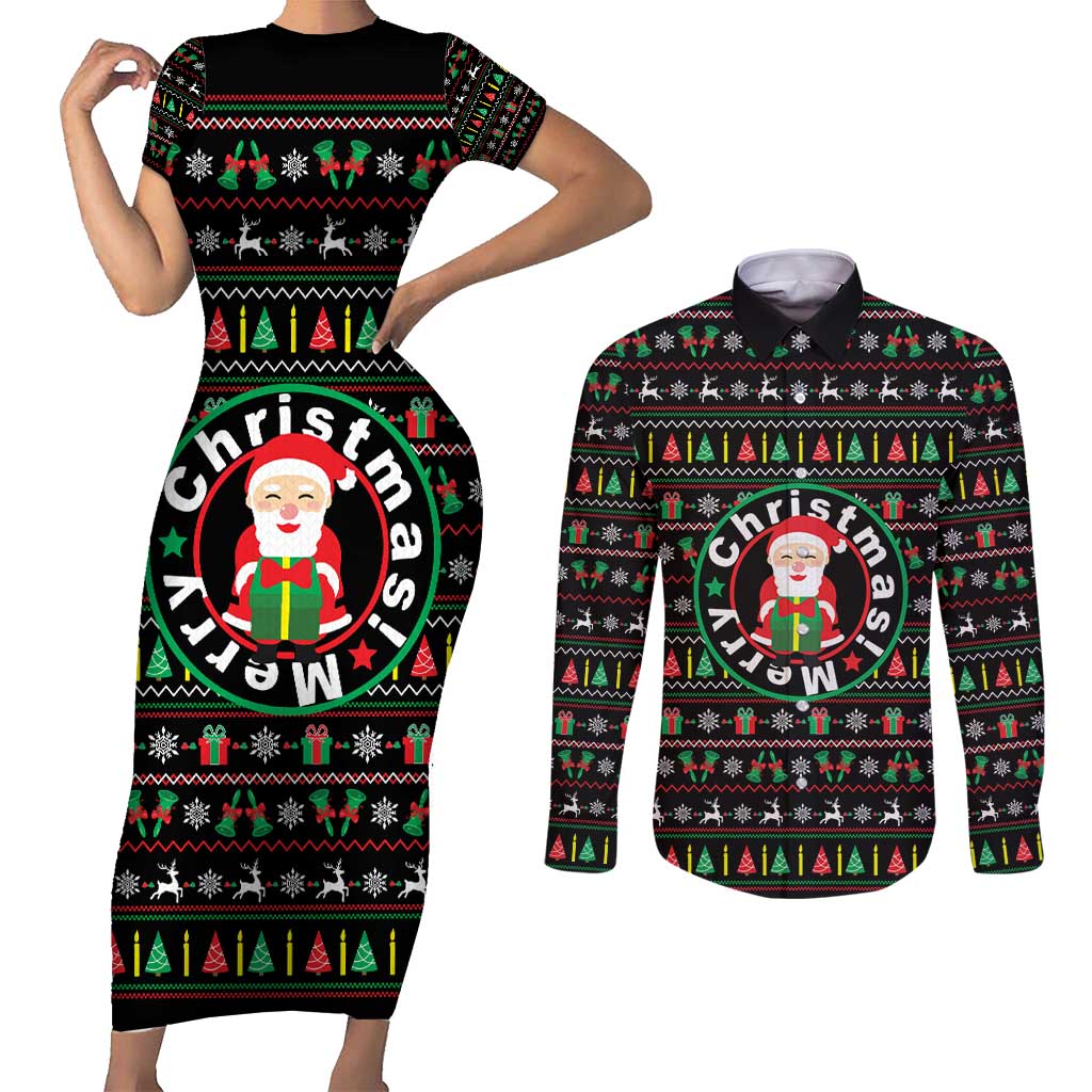 Gift For Merry Christmas Couples Matching Short Sleeve Bodycon Dress and Long Sleeve Button Shirt with Santa Claus and Holiday Icons Pattern - Wonder Print Shop