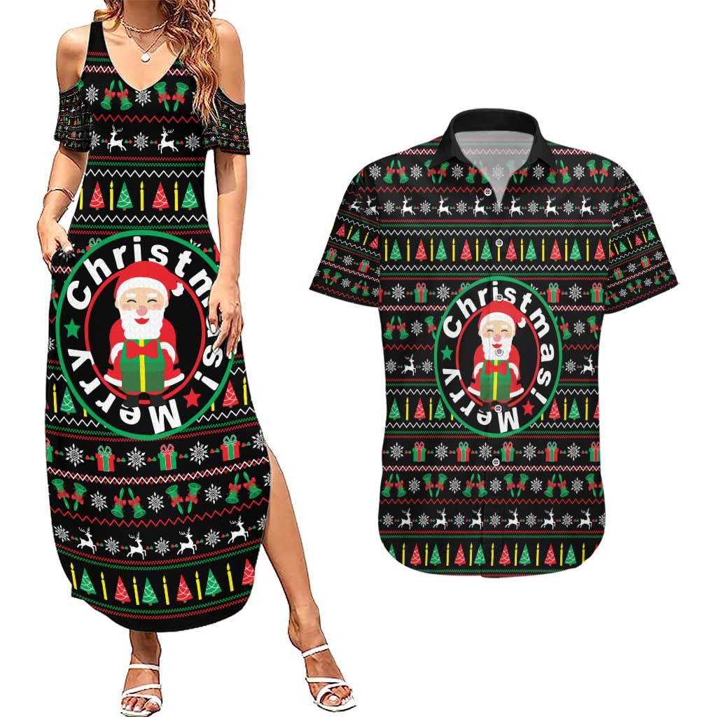 Gift For Merry Christmas Couples Matching Summer Maxi Dress and Hawaiian Shirt with Santa Claus and Holiday Icons Pattern - Wonder Print Shop