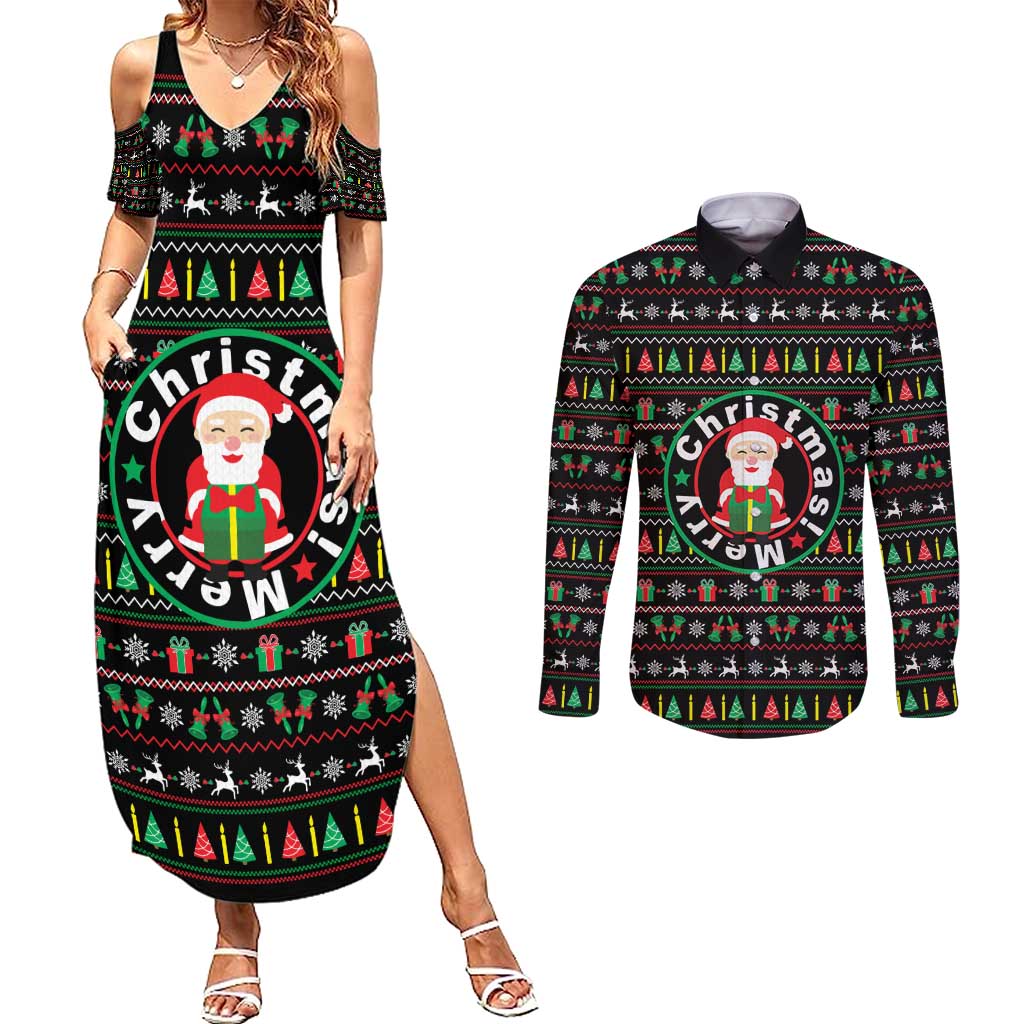 Gift For Merry Christmas Couples Matching Summer Maxi Dress and Long Sleeve Button Shirt with Santa Claus and Holiday Icons Pattern - Wonder Print Shop