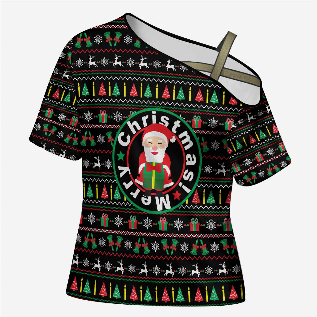 Gift For Merry Christmas Cross Shoulder Shirt with Santa Claus and Holiday Icons Pattern - Wonder Print Shop