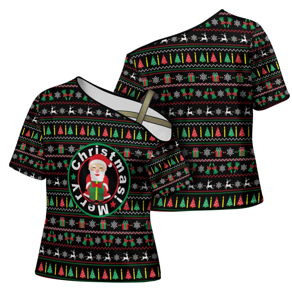 Gift For Merry Christmas Cross Shoulder Shirt with Santa Claus and Holiday Icons Pattern - Wonder Print Shop