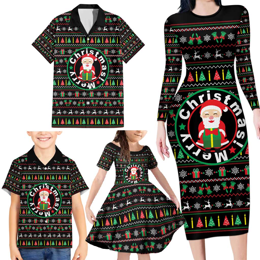 Gift For Merry Christmas Family Matching Long Sleeve Bodycon Dress and Hawaiian Shirt with Santa Claus and Holiday Icons Pattern - Wonder Print Shop