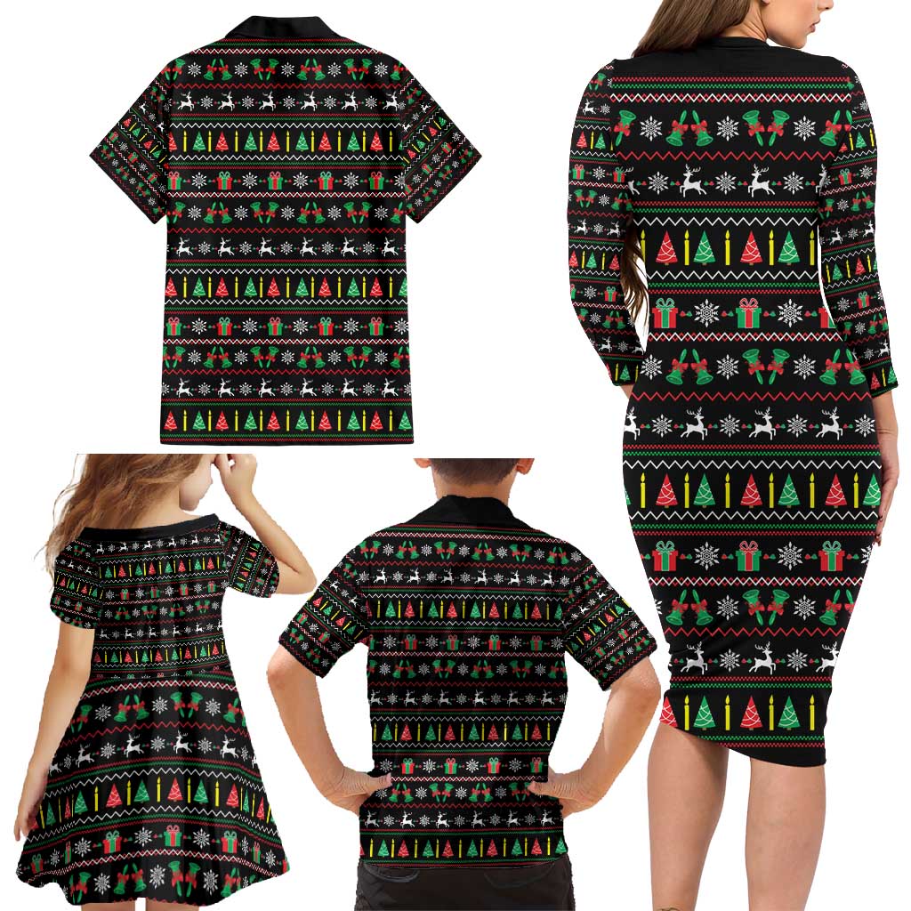 Gift For Merry Christmas Family Matching Long Sleeve Bodycon Dress and Hawaiian Shirt with Santa Claus and Holiday Icons Pattern - Wonder Print Shop