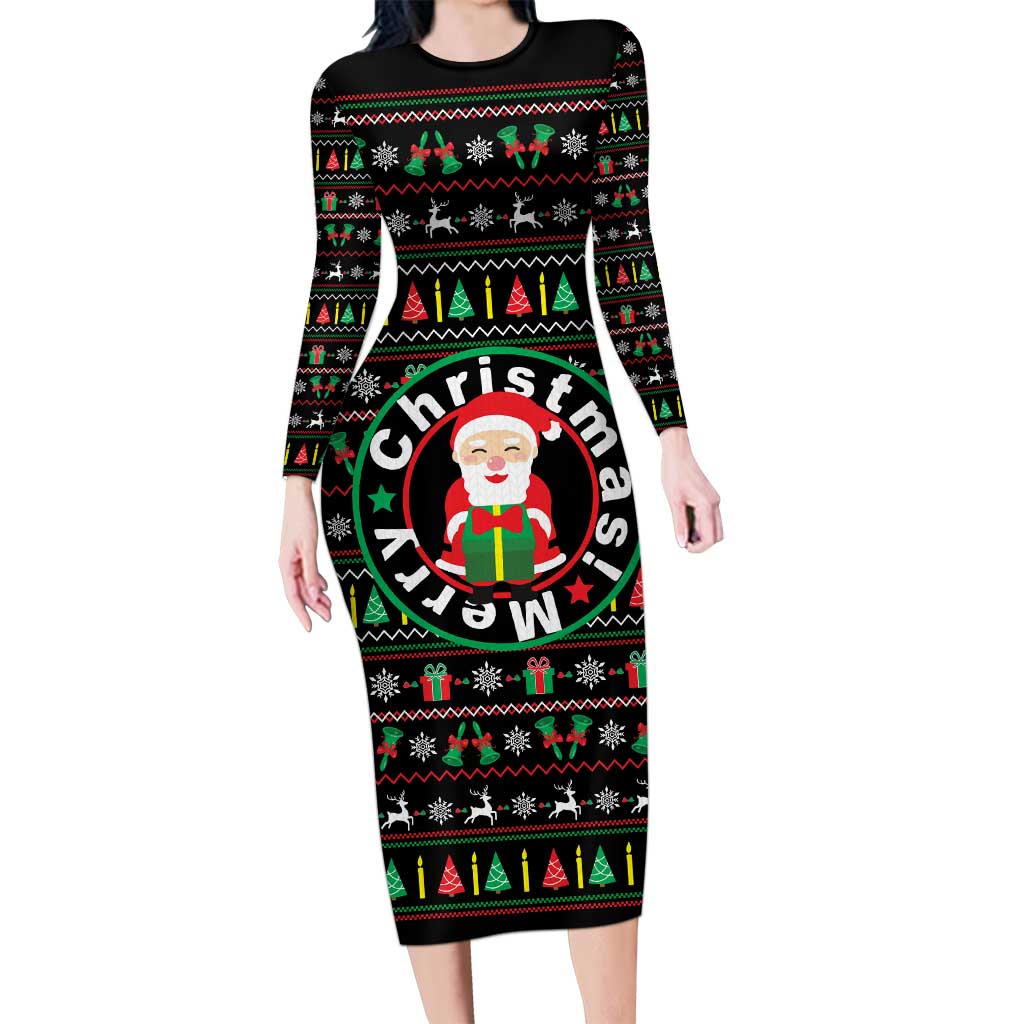 Gift For Merry Christmas Family Matching Long Sleeve Bodycon Dress and Hawaiian Shirt with Santa Claus and Holiday Icons Pattern - Wonder Print Shop