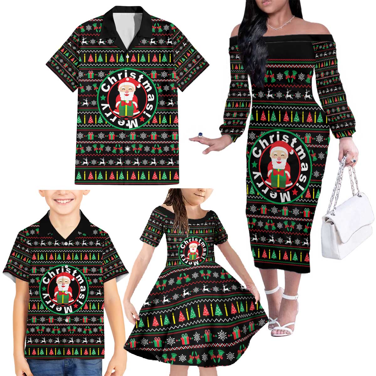 Gift For Merry Christmas Family Matching Off The Shoulder Long Sleeve Dress and Hawaiian Shirt with Santa Claus and Holiday Icons Pattern - Wonder Print Shop