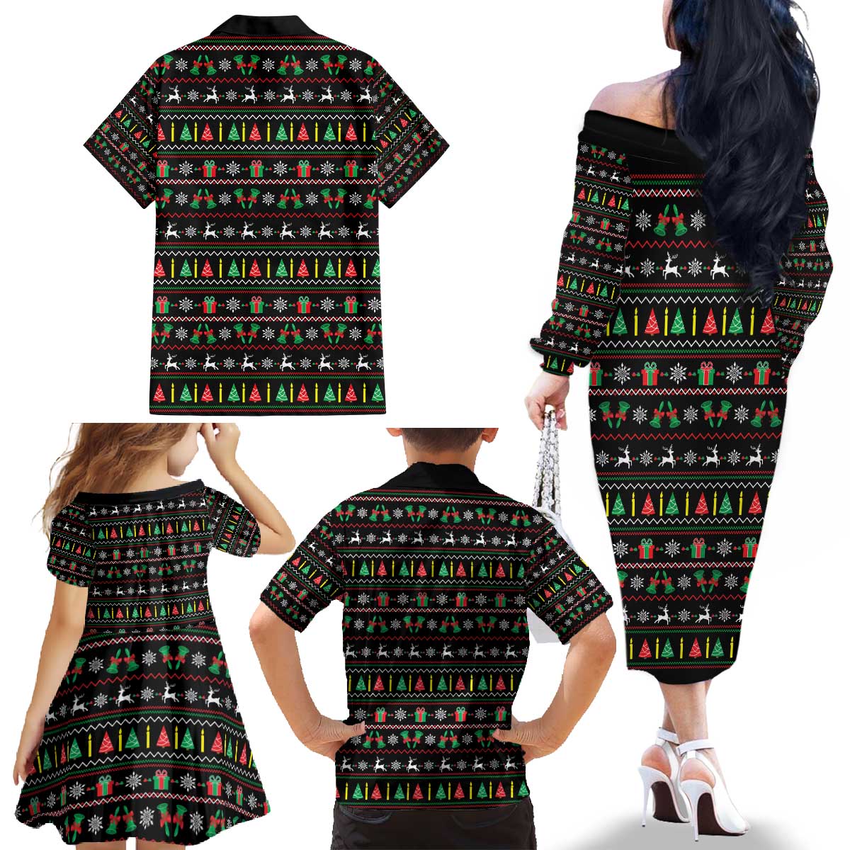 Gift For Merry Christmas Family Matching Off The Shoulder Long Sleeve Dress and Hawaiian Shirt with Santa Claus and Holiday Icons Pattern - Wonder Print Shop