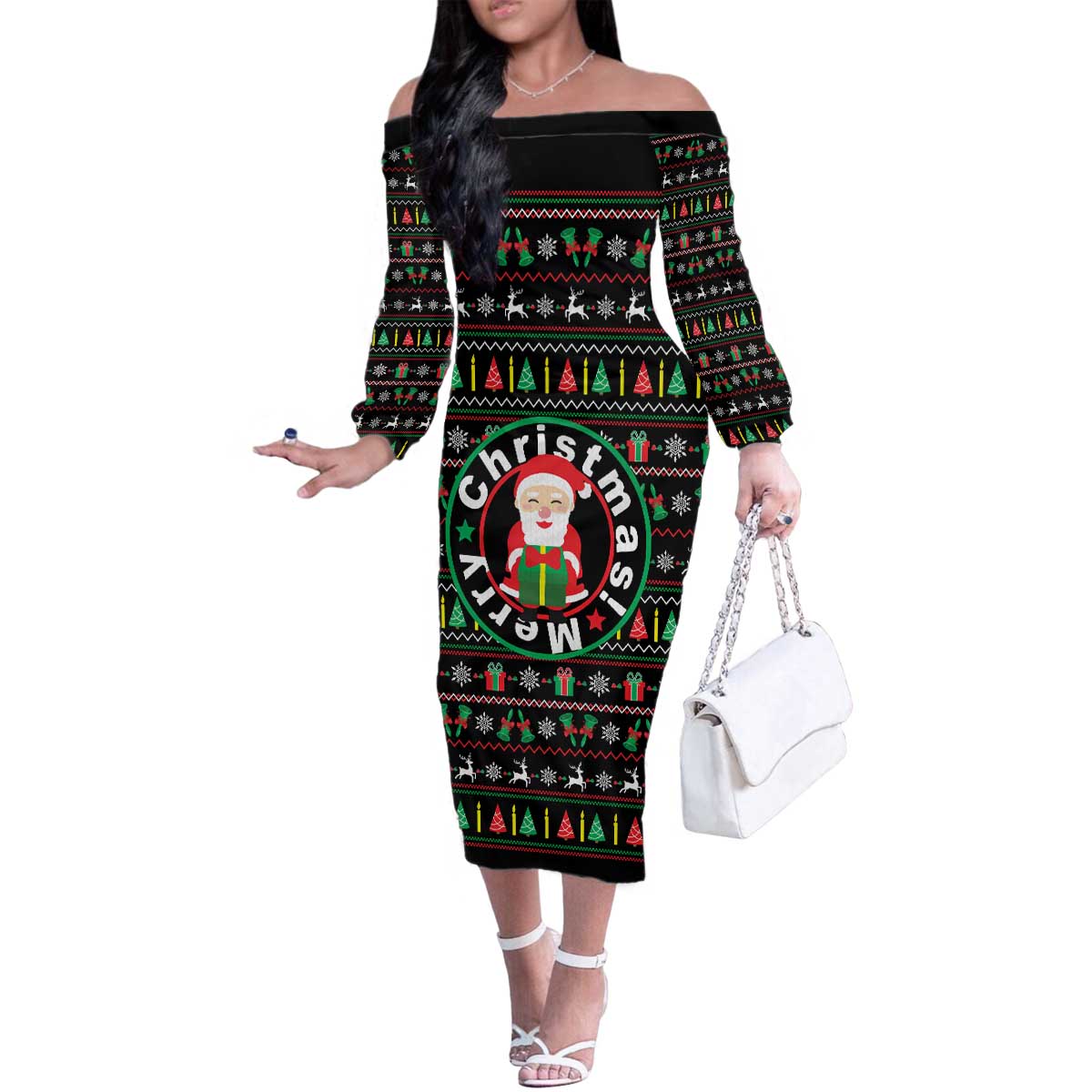 Gift For Merry Christmas Family Matching Off The Shoulder Long Sleeve Dress and Hawaiian Shirt with Santa Claus and Holiday Icons Pattern - Wonder Print Shop