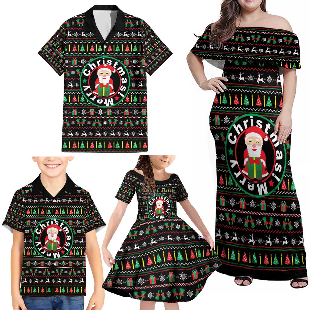 Gift For Merry Christmas Family Matching Off Shoulder Maxi Dress and Hawaiian Shirt with Santa Claus and Holiday Icons Pattern - Wonder Print Shop