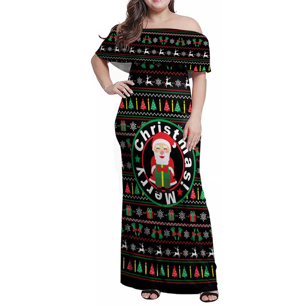 Gift For Merry Christmas Family Matching Off Shoulder Maxi Dress and Hawaiian Shirt with Santa Claus and Holiday Icons Pattern - Wonder Print Shop