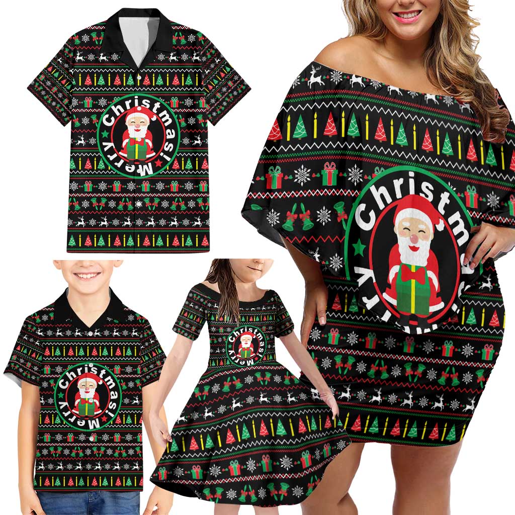 Gift For Merry Christmas Family Matching Off Shoulder Short Dress and Hawaiian Shirt with Santa Claus and Holiday Icons Pattern - Wonder Print Shop