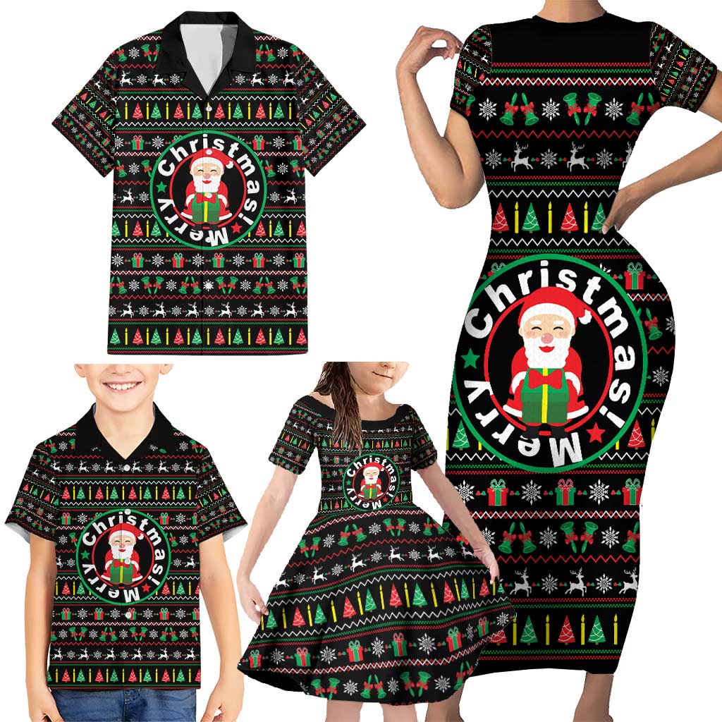 Gift For Merry Christmas Family Matching Short Sleeve Bodycon Dress and Hawaiian Shirt with Santa Claus and Holiday Icons Pattern - Wonder Print Shop