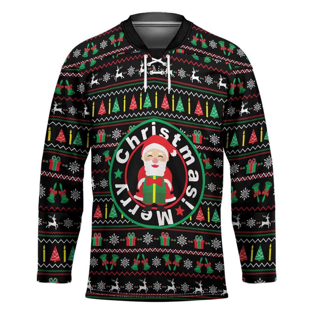 Gift For Merry Christmas Hockey Jersey with Santa Claus and Holiday Icons Pattern - Wonder Print Shop