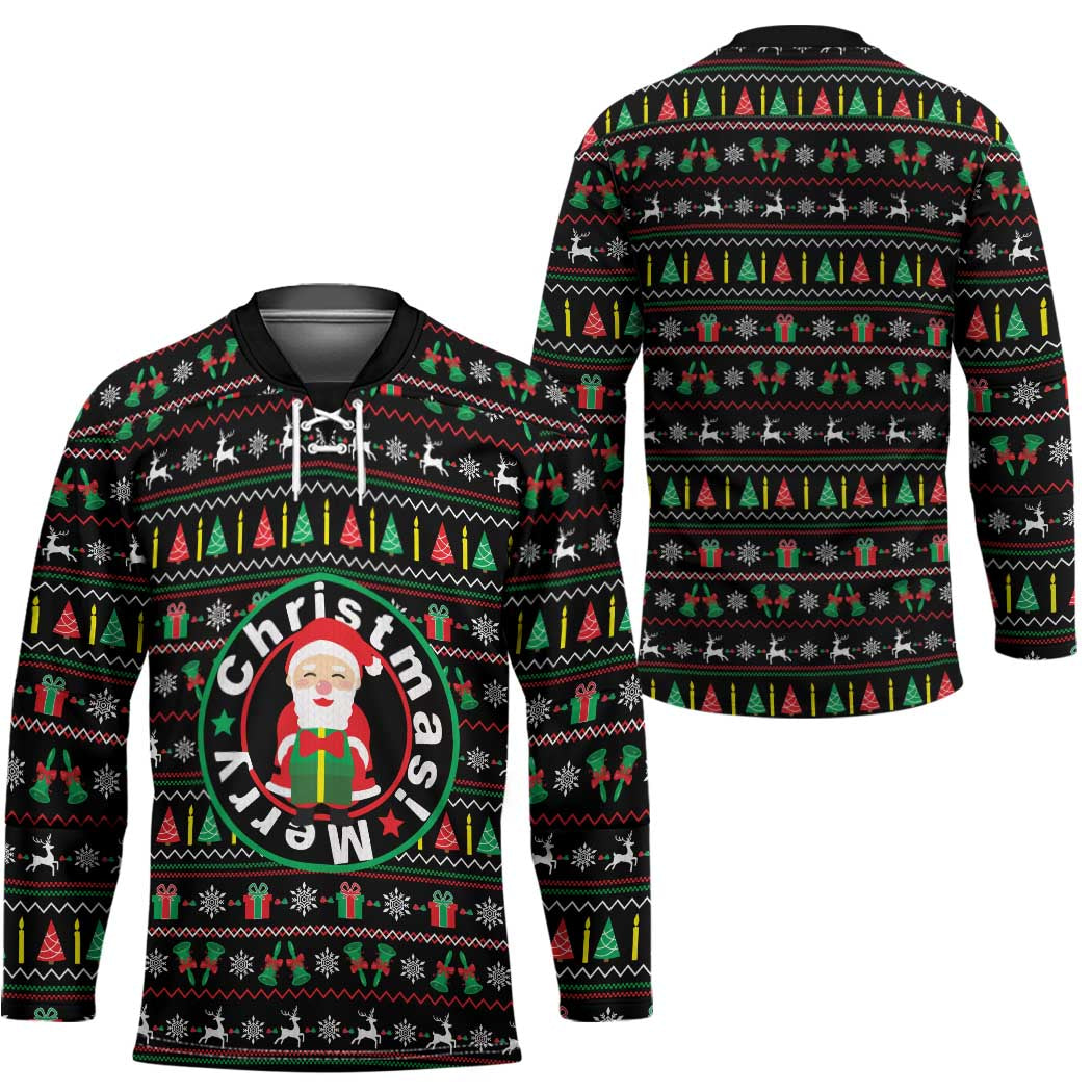 Gift For Merry Christmas Hockey Jersey with Santa Claus and Holiday Icons Pattern - Wonder Print Shop
