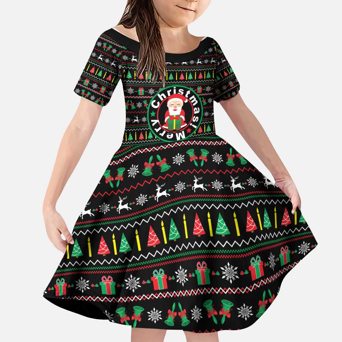 Gift For Merry Christmas Kid Short Sleeve Dress with Santa Claus and Holiday Icons Pattern - Wonder Print Shop