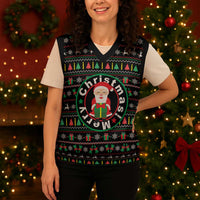 Gift For Merry Christmas Knitted V-Neck Vest with Santa Claus and Holiday Icons Pattern - Wonder Print Shop