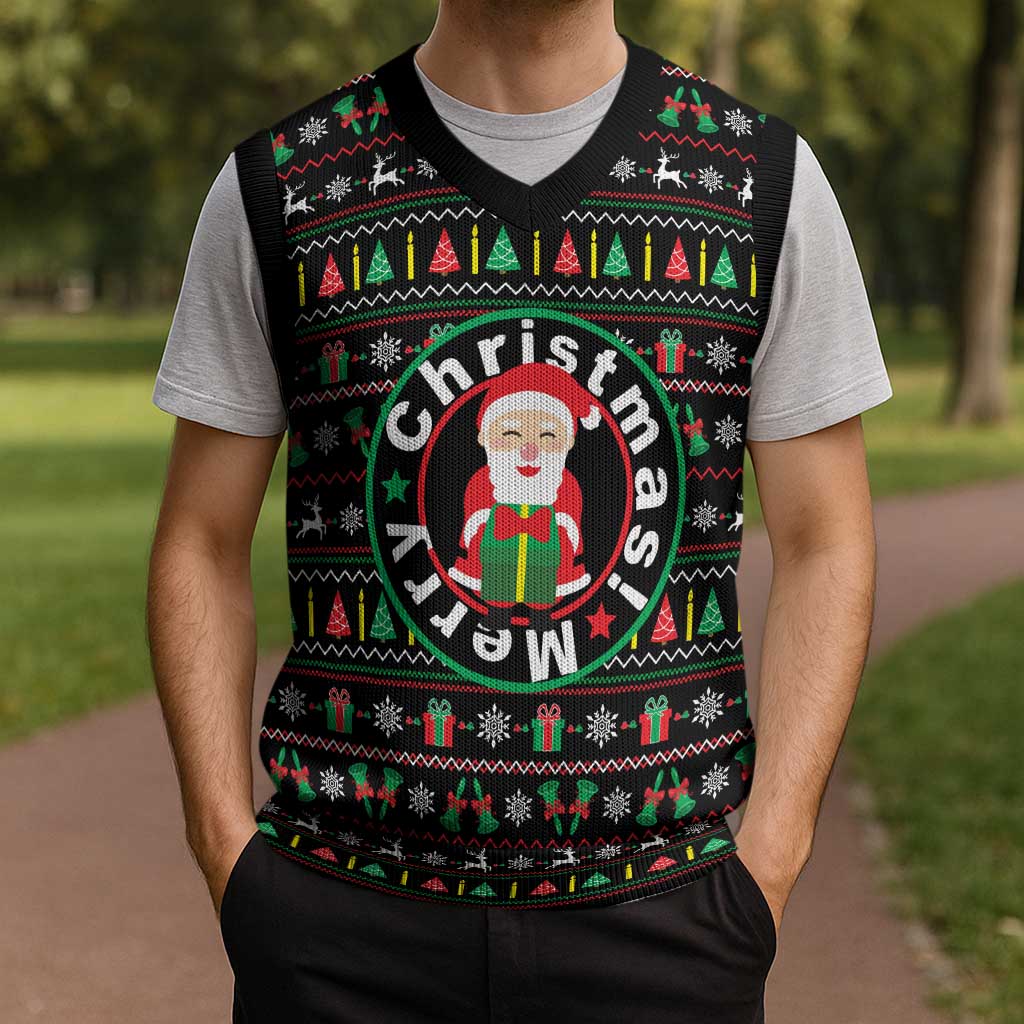 Gift For Merry Christmas Knitted V-Neck Vest with Santa Claus and Holiday Icons Pattern - Wonder Print Shop