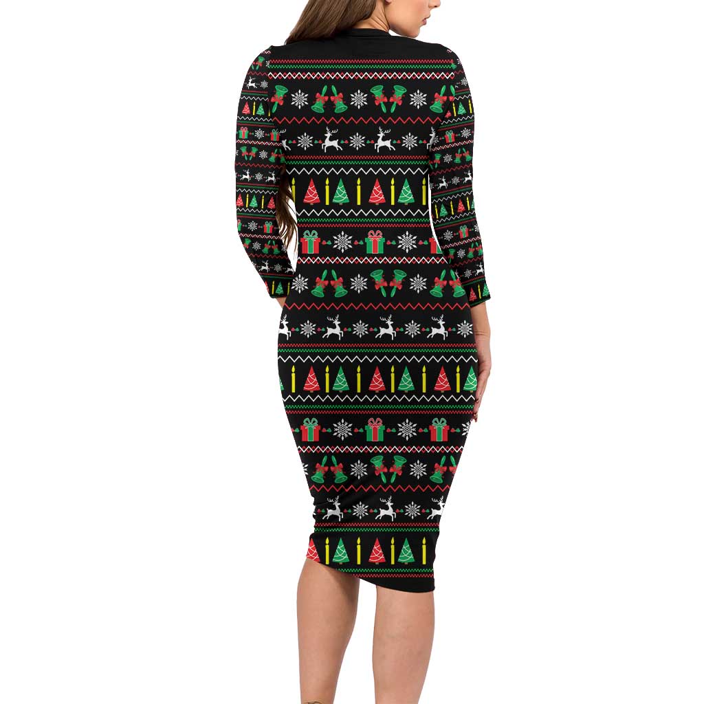 Gift For Merry Christmas Long Sleeve Bodycon Dress with Santa Claus and Holiday Icons Pattern - Wonder Print Shop