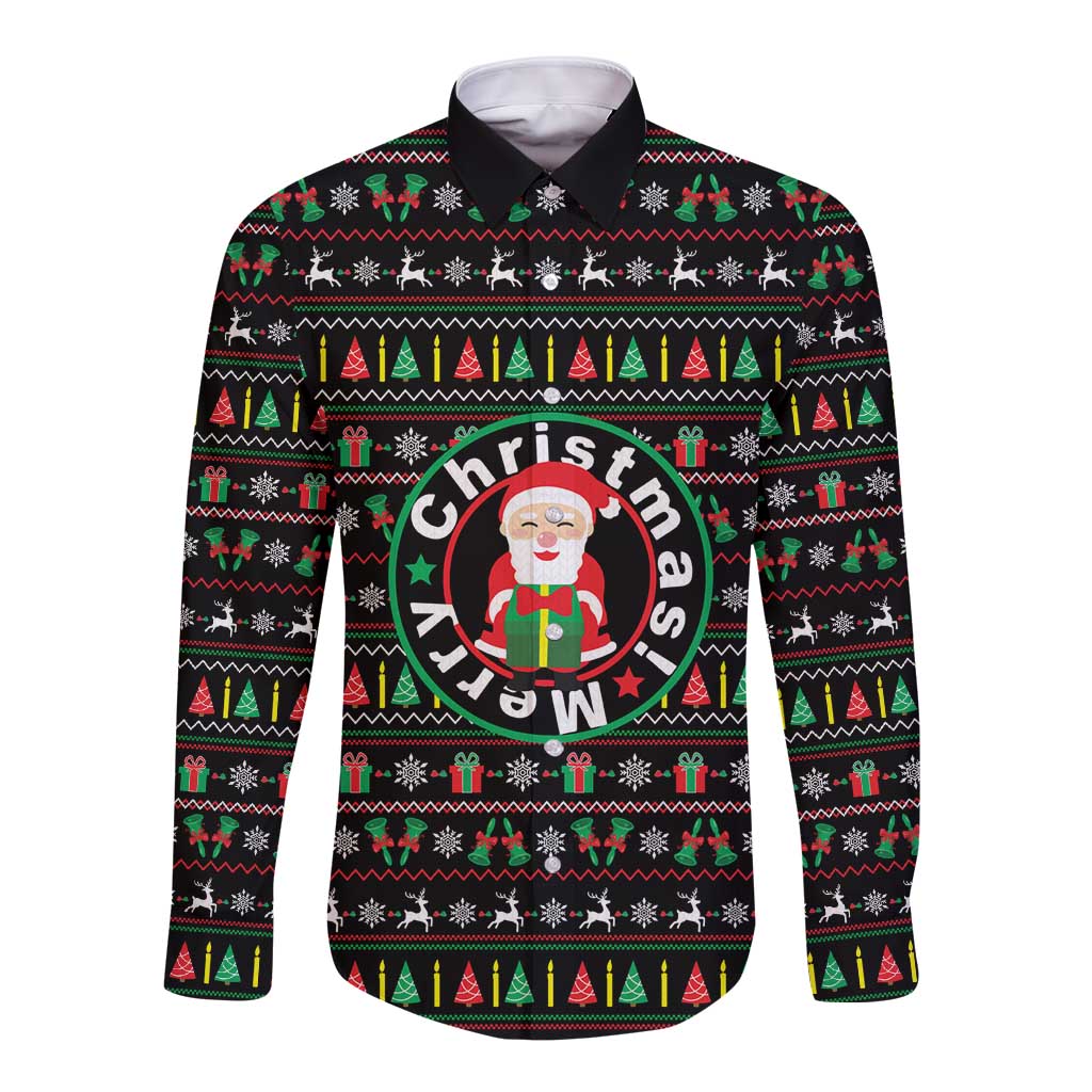 Gift For Merry Christmas Long Sleeve Button Shirt with Santa Claus and Holiday Icons Pattern - Wonder Print Shop