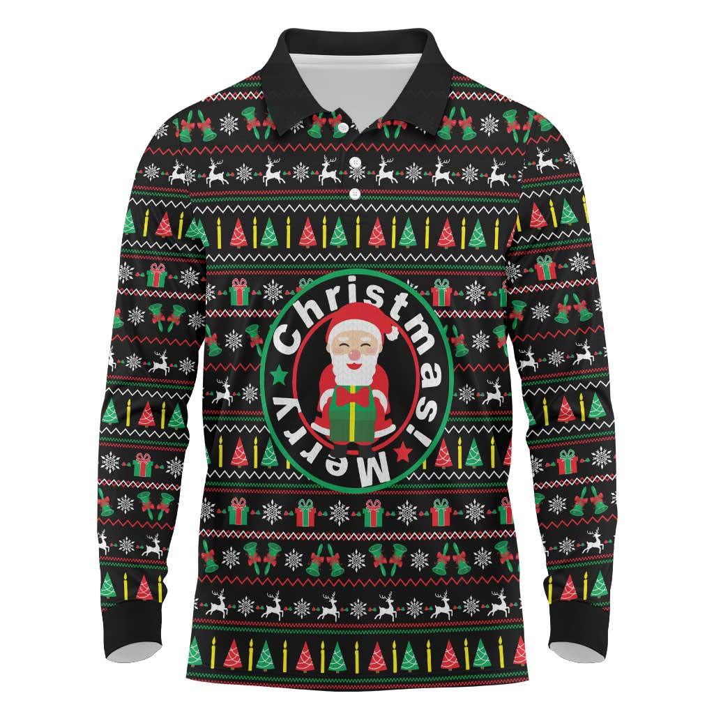 Gift For Merry Christmas Long Sleeve Polo Shirt with Santa Claus and Holiday Icons Pattern - Wonder Print Shop