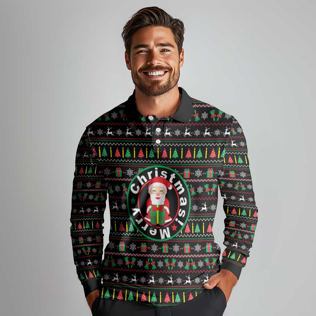 Gift For Merry Christmas Long Sleeve Polo Shirt with Santa Claus and Holiday Icons Pattern - Wonder Print Shop
