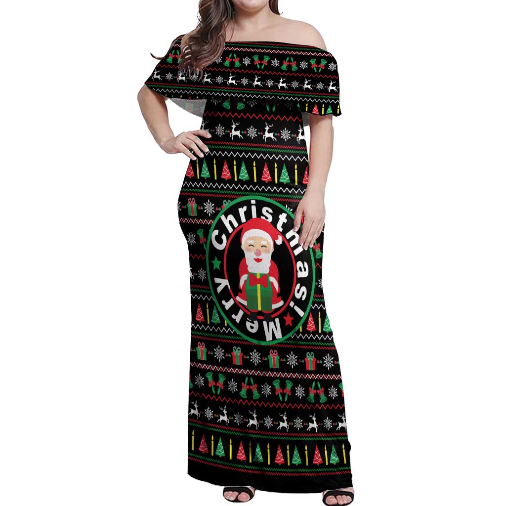 Gift For Merry Christmas Off Shoulder Maxi Dress with Santa Claus and Holiday Icons Pattern - Wonder Print Shop