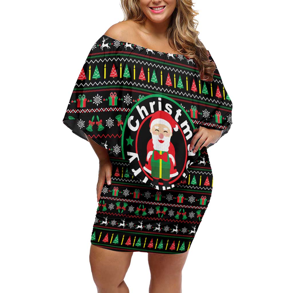 Gift For Merry Christmas Off Shoulder Short Dress with Santa Claus and Holiday Icons Pattern - Wonder Print Shop