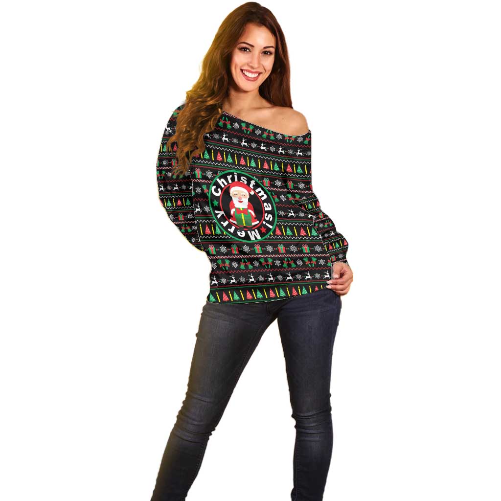 Gift For Merry Christmas Off Shoulder Sweater with Santa Claus and Holiday Icons Pattern - Wonder Print Shop