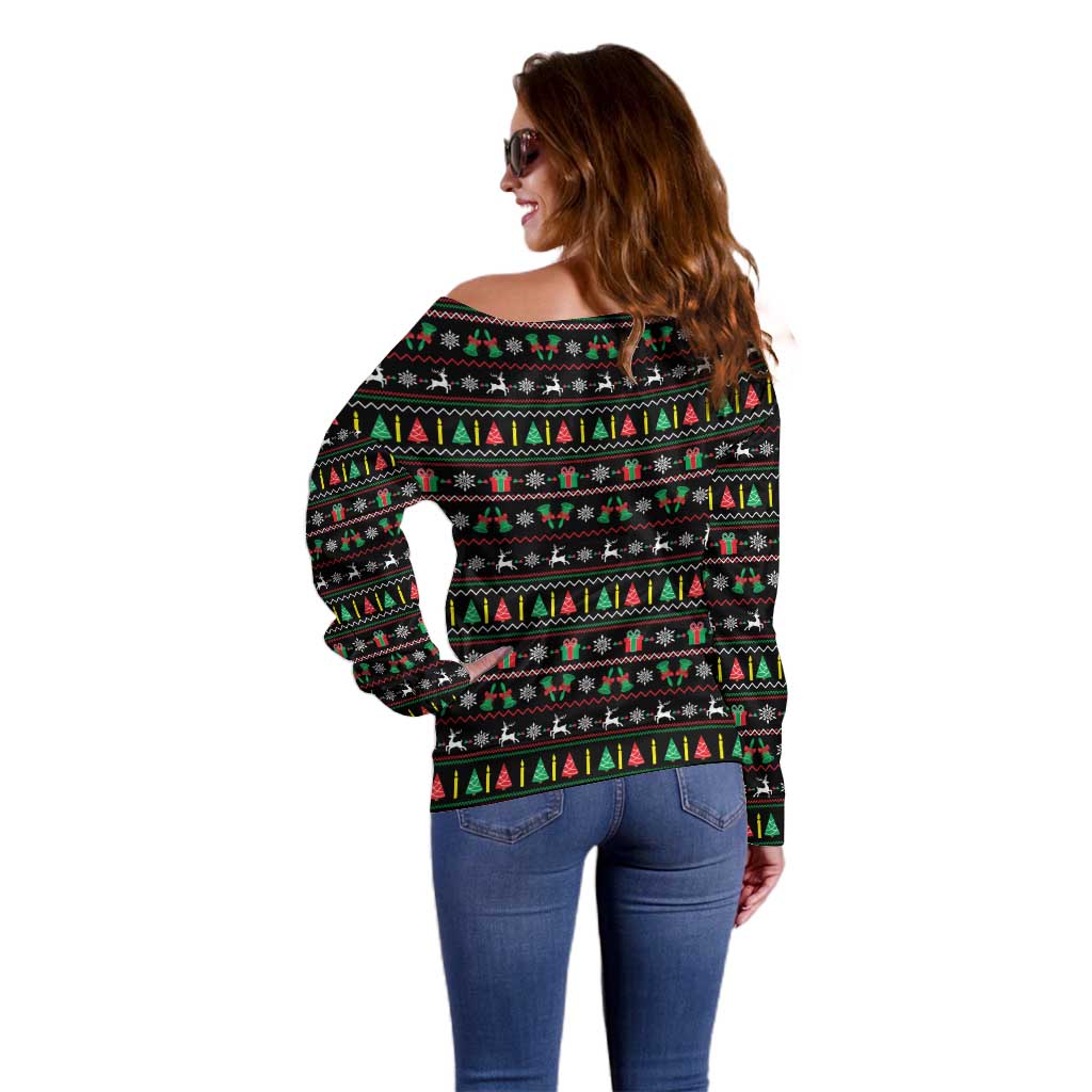 Gift For Merry Christmas Off Shoulder Sweater with Santa Claus and Holiday Icons Pattern - Wonder Print Shop