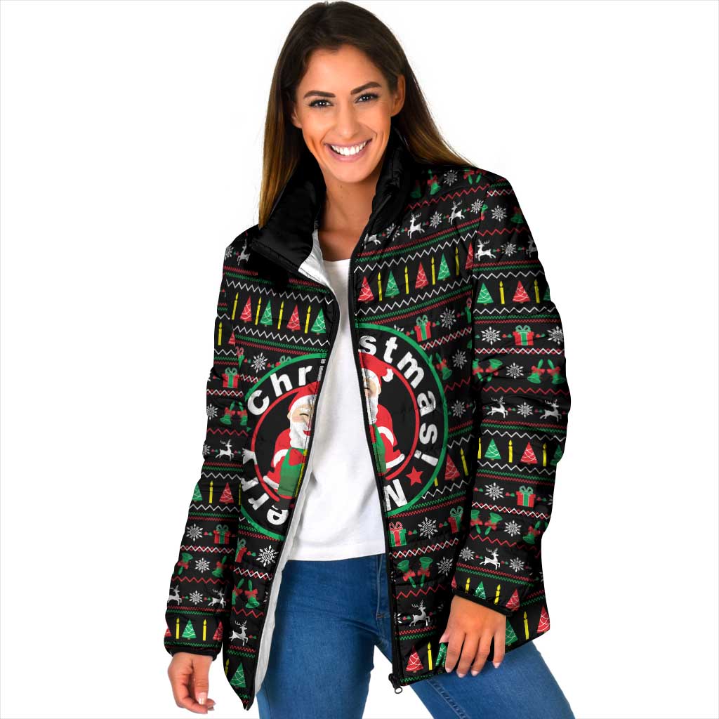Gift For Merry Christmas Padded Jacket with Santa Claus and Holiday Icons Pattern - Wonder Print Shop