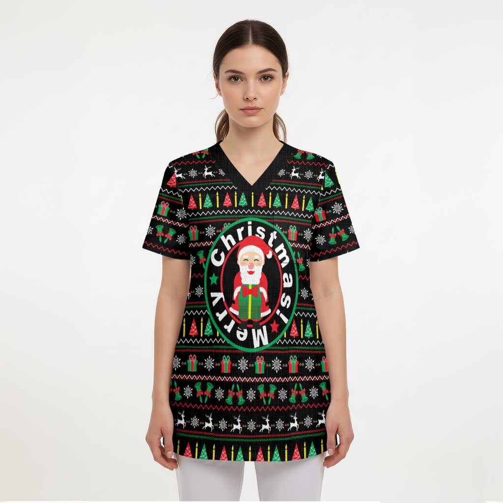 Gift For Merry Christmas Scrub Top with Santa Claus and Holiday Icons Pattern - Wonder Print Shop