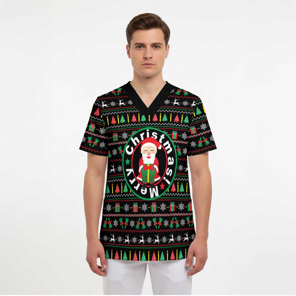 Gift For Merry Christmas Scrub Top with Santa Claus and Holiday Icons Pattern - Wonder Print Shop