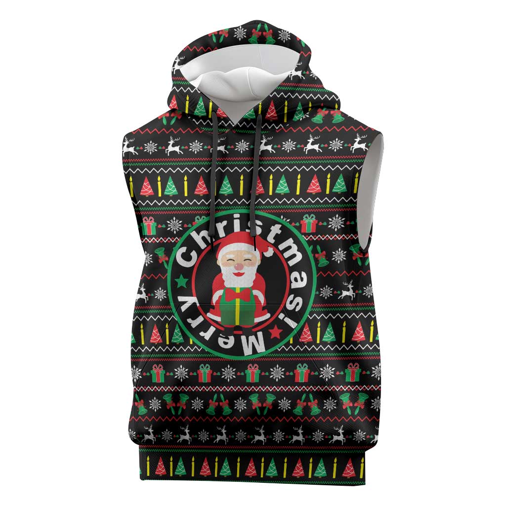 Gift For Merry Christmas Sleeveless Hoodie with Santa Claus and Holiday Icons Pattern - Wonder Print Shop