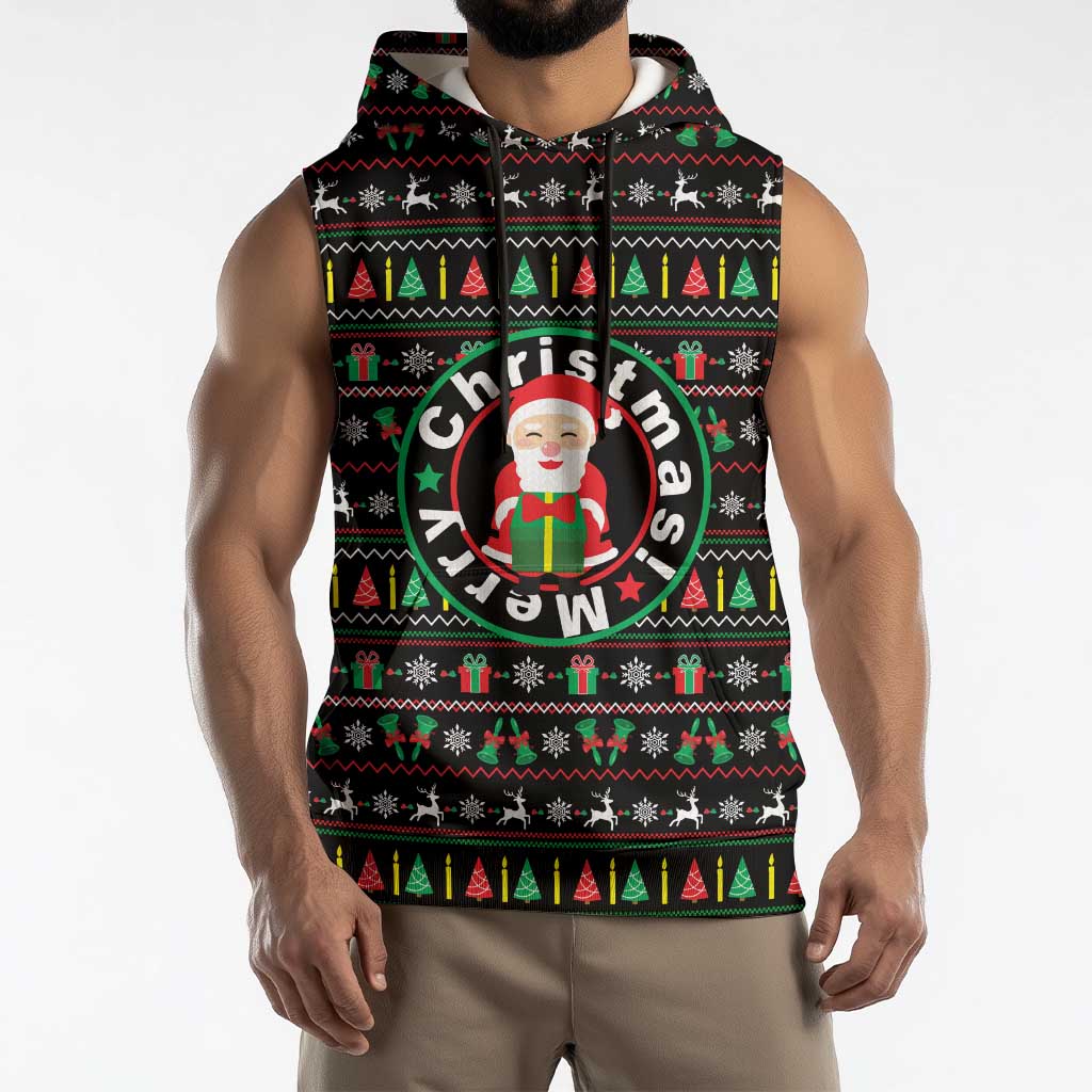 Gift For Merry Christmas Sleeveless Hoodie with Santa Claus and Holiday Icons Pattern - Wonder Print Shop