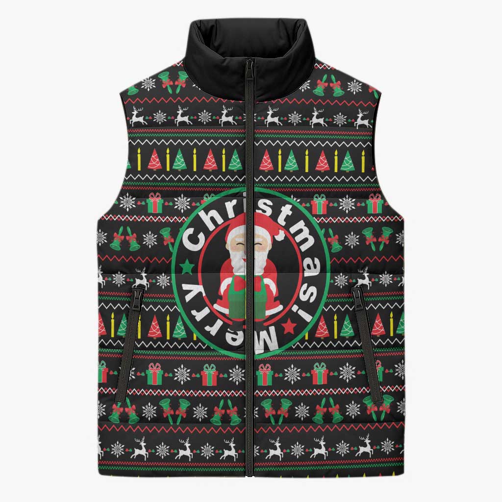 Gift For Merry Christmas Sleeveless Puffer Jacket with Santa Claus and Holiday Icons Pattern - Wonder Print Shop