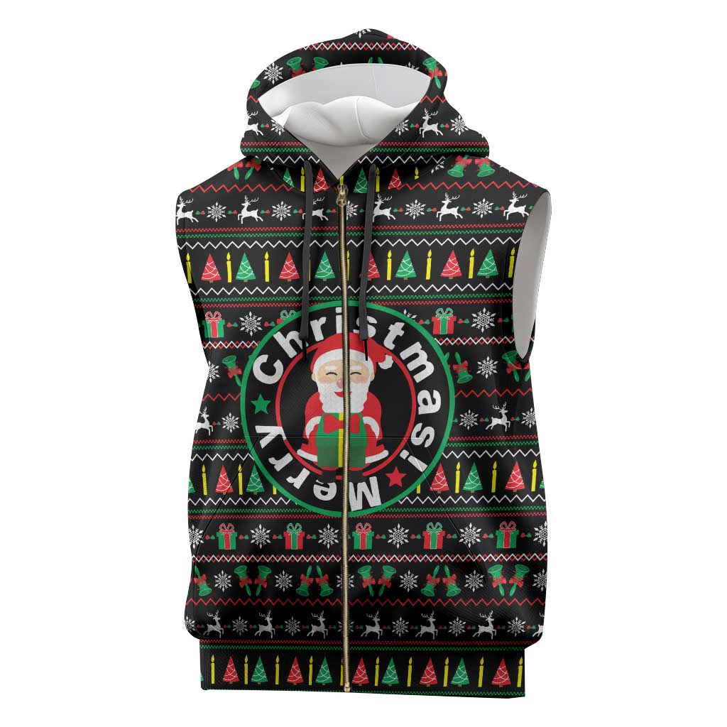 Gift For Merry Christmas Sleeveless Zip Hoodie with Santa Claus and Holiday Icons Pattern - Wonder Print Shop