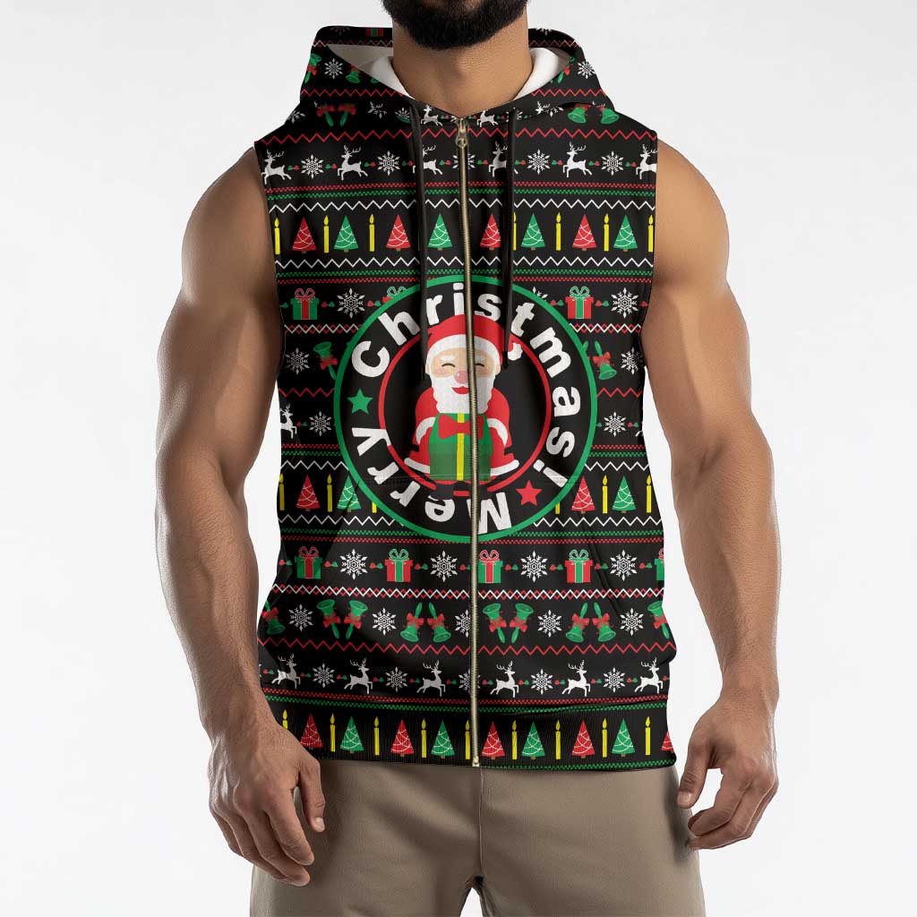 Gift For Merry Christmas Sleeveless Zip Hoodie with Santa Claus and Holiday Icons Pattern - Wonder Print Shop
