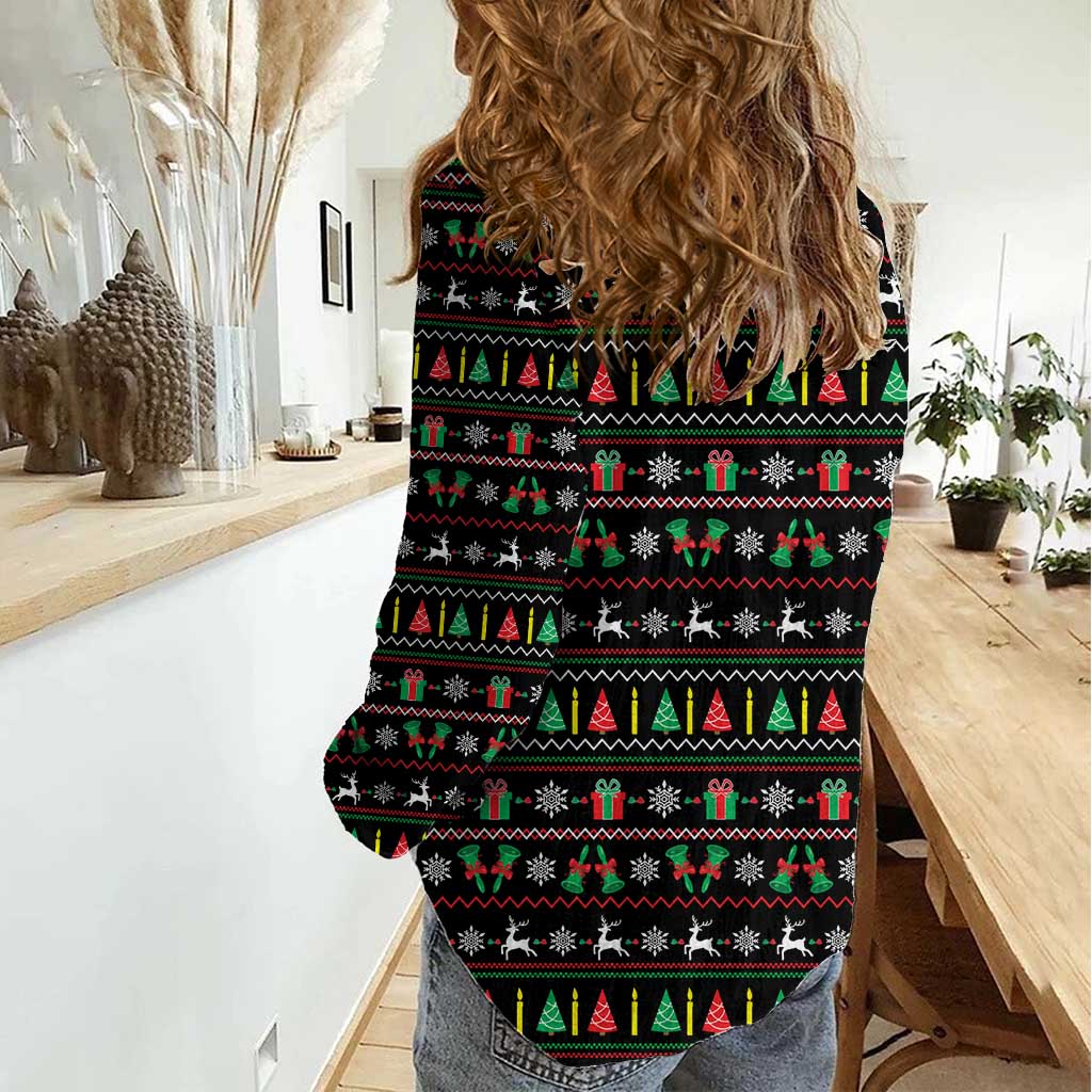 Gift For Merry Christmas Women Casual Shirt with Santa Claus and Holiday Icons Pattern - Wonder Print Shop