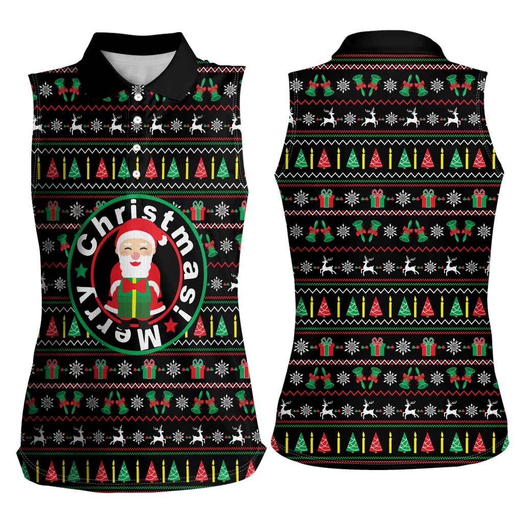 Gift For Merry Christmas Women Sleeveless Polo Shirt with Santa Claus and Holiday Icons Pattern - Wonder Print Shop