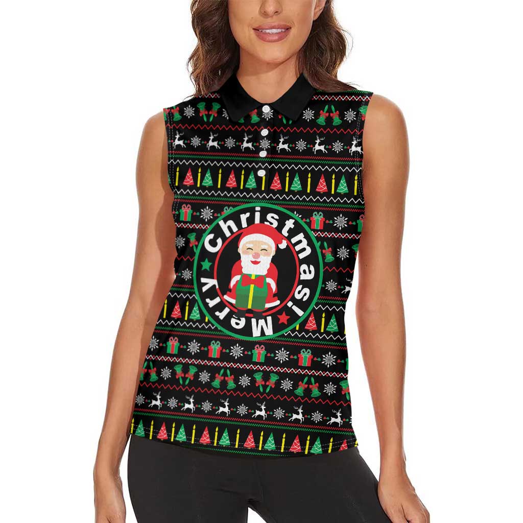 Gift For Merry Christmas Women Sleeveless Polo Shirt with Santa Claus and Holiday Icons Pattern - Wonder Print Shop