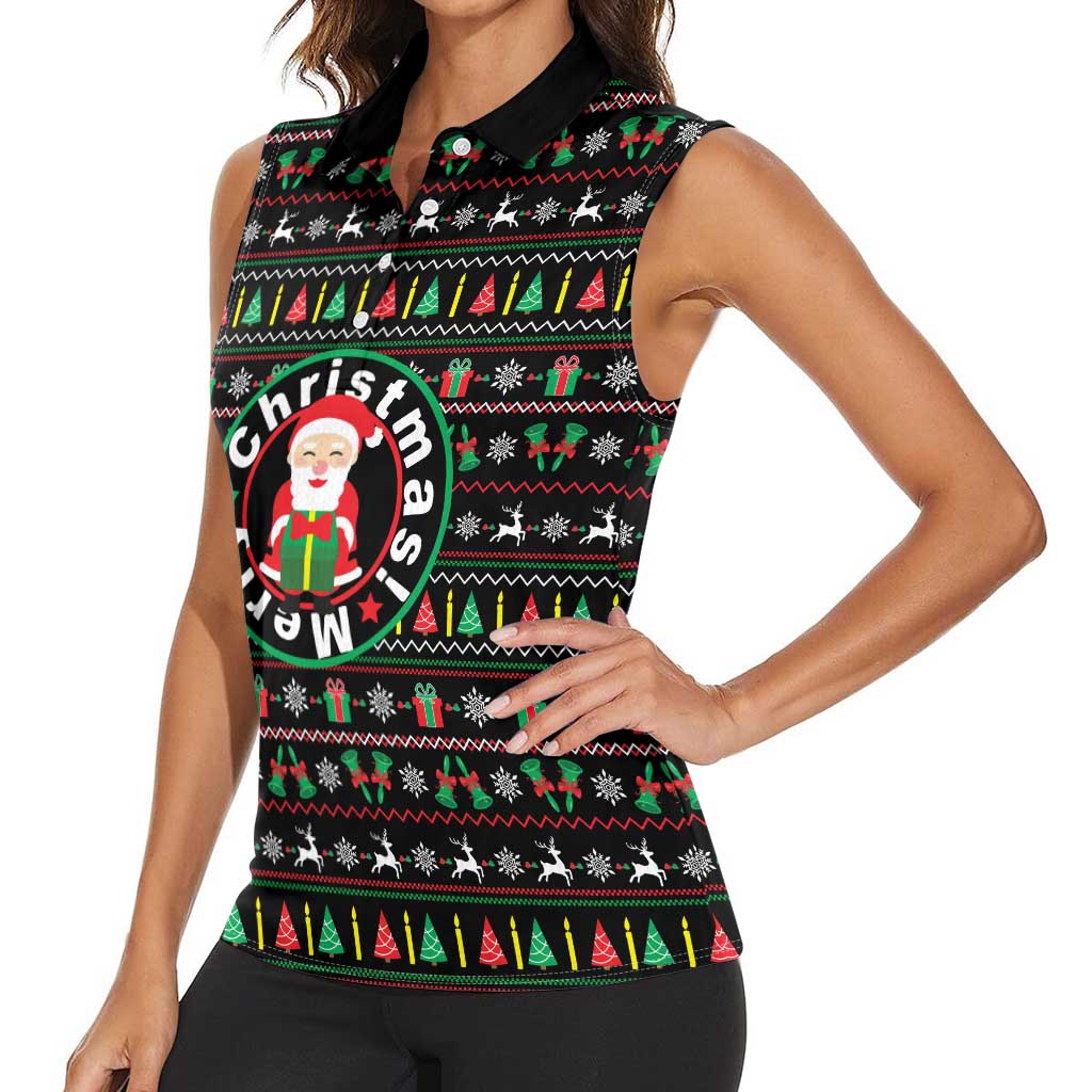 Gift For Merry Christmas Women Sleeveless Polo Shirt with Santa Claus and Holiday Icons Pattern - Wonder Print Shop