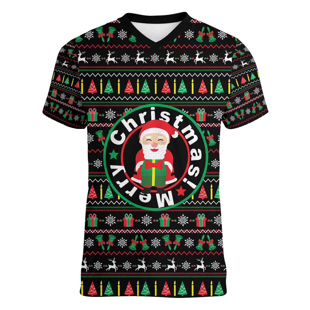 Gift For Merry Christmas Women V-Neck T-Shirt with Santa Claus and Holiday Icons Pattern - Wonder Print Shop