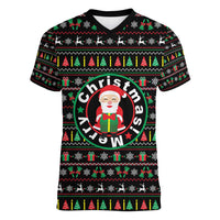 Gift For Merry Christmas Women V-Neck T-Shirt with Santa Claus and Holiday Icons Pattern - Wonder Print Shop