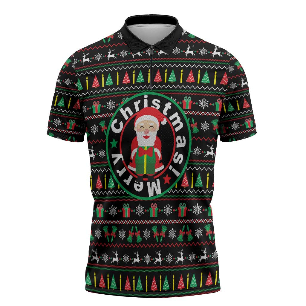Gift For Merry Christmas Zipper Polo Shirt with Santa Claus and Holiday Icons Pattern - Wonder Print Shop